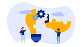 Illustration of people working together to put lightbulb puzzle pieces together