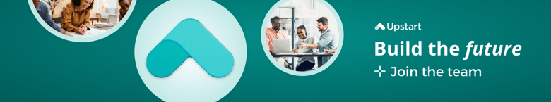Upstart logo, people working, and tagline "Build the future, join the team"